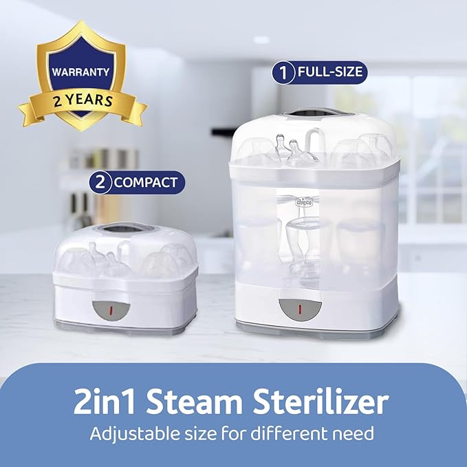 Chicco 2-i-1 Sterilisator, Justerbar Naturlig Dampsterilisator til Flasker, med 2 Konfigurationer, Hurtig og Nem at Bruge, Op til 6 x 330 ml Flasker, Hvid