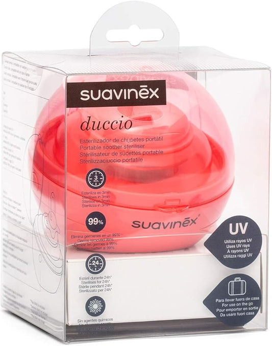 Suavinex Ultraviolet (UV) Bærbar Suttersterilisator – Steriliserer på 3 Minutter – Fungerer med USB-kabel eller Batteri – Fjerner 99 % af Bakterier – Rød