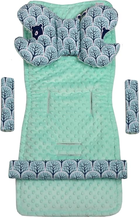 Medi Partners Universal sædeovertræk til barnevogne & klapvogne, sædeindsats, barnevogns tæppe, 5-delt bæltepolstring + legebue barnevognssæt i Minky bomuld (Forest Mil Mint Minky)