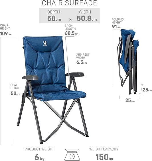 EVER ADVANCED luksus campingstole til voksne – kraftig, høj ryg, ekstra stor sammenklappelig havestol – behagelig 6 cm polstring – belastning op til 150 kg – cam-justerbare spisebordsstole – 4-positions liggestol – blå