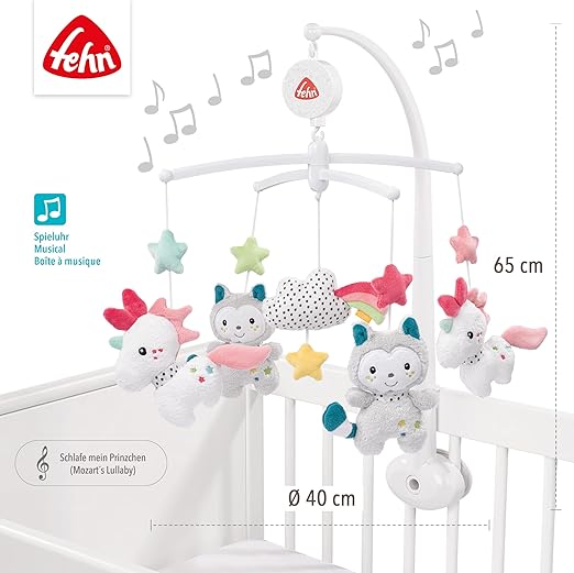 Fehn 057027 Musikuro Aiko & Yuki – uro med blid melodi "Mozarts vuggevise" og bløde figurer – med ophæng – til babyer fra 0-5 måneder – størrelse: diameter 40 cm, højde 65 cm