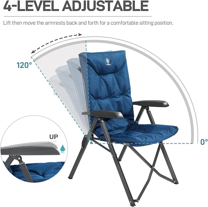 EVER ADVANCED luksus campingstole til voksne – kraftig, høj ryg, ekstra stor sammenklappelig havestol – behagelig 6 cm polstring – belastning op til 150 kg – cam-justerbare spisebordsstole – 4-positions liggestol – blå