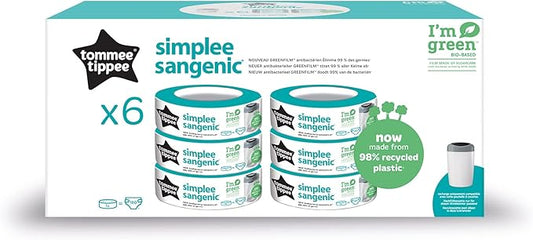 Tommee Tippee Simplee Sangenic Genopfyldningskassetter, Pakke med 6, Kun Egnet til Simplee Sangenic Ble-Spande, Lugtdæmpning og Bakteriebeskyttelse, 100 % Genanvendt Kasse