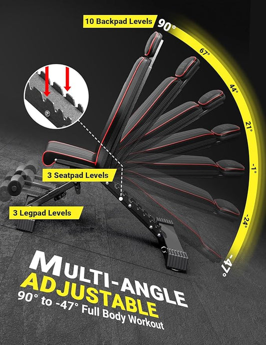 OLEO 300 kg Sammenklappelig Vægtbænk Multifunktionel med Forlænget Ryg-, Nakke- og Rygsøjlestøtte, Træningsbænk til Fitness, Mavetræner, Skrå Bænk med 10-vejs Justerbar Ryglæn