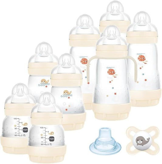 Mam Flaskesæt, 8 flasker i størrelserne 130 ml, 160 ml og 260 ml, 1 Start Nanò Sutte, 4 skiver, 1 blød tud og håndtag, farve beige – 7