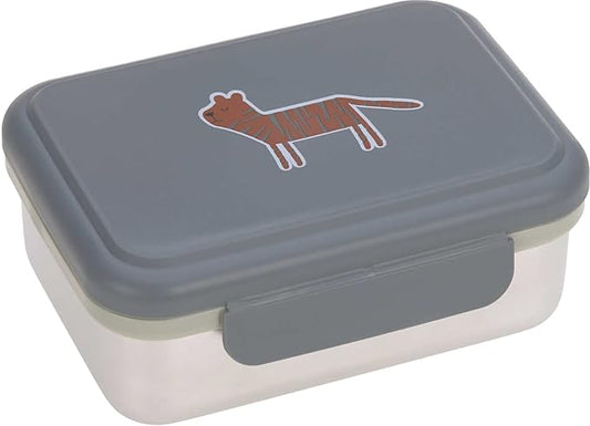 LÄSSIG Børnelunchbox i rustfrit stål – madkasse til frokost og morgenmad – bæredygtig – børnehave/skole – Safari Tiger