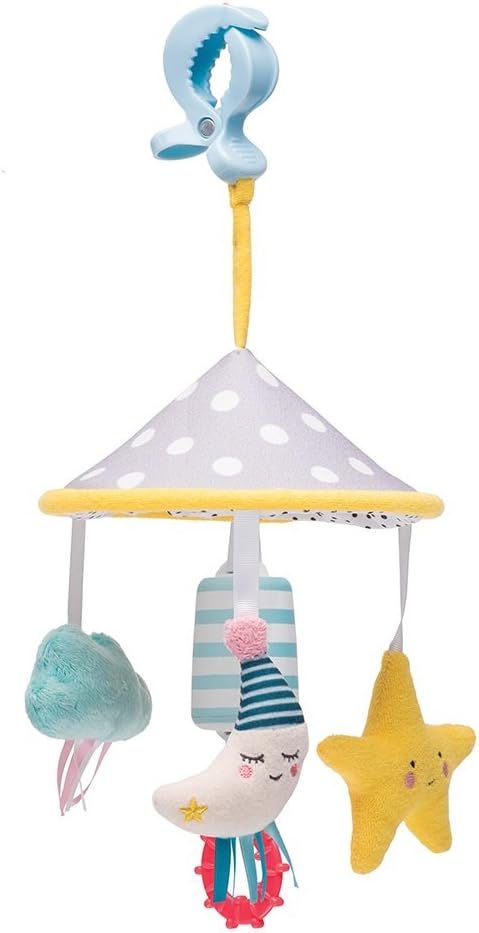 Taf Toys Mini Moon babymobil til tremmeseng, barnevogn, klapvogn og autostol – med sensoriske teksturer og beroligende lyde – egnet til nyfødte drenge og piger fra fødslen – 0 måneder+