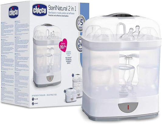 Chicco 2-i-1 Sterilisator, Justerbar Naturlig Dampsterilisator til Flasker, med 2 Konfigurationer, Hurtig og Nem at Bruge, Op til 6 x 330 ml Flasker, Hvid