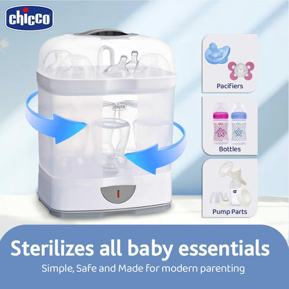 Chicco 2-i-1 Sterilisator, Justerbar Naturlig Dampsterilisator til Flasker, med 2 Konfigurationer, Hurtig og Nem at Bruge, Op til 6 x 330 ml Flasker, Hvid