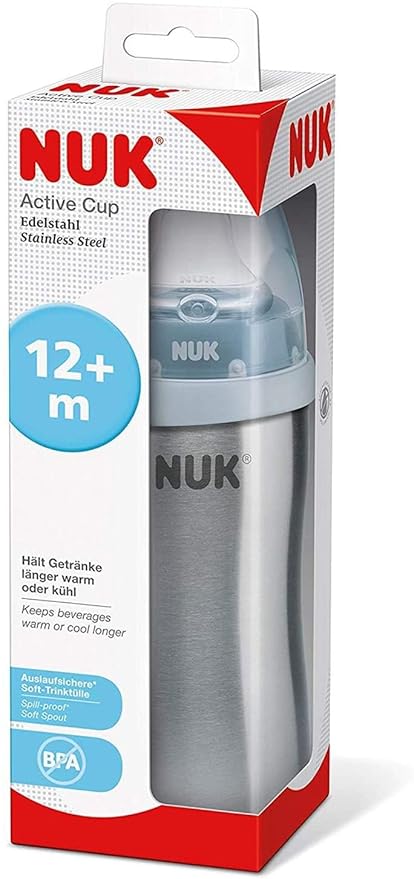 NUK Active Cup Drikkeflaske til småbørn, fra 12+ måneder, rustfrit stål, lækagesikker, anti-kolik, BPA-fri, 215 ml, blå
