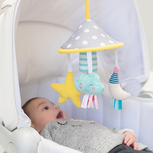 Taf Toys Mini Moon babymobil til tremmeseng, barnevogn, klapvogn og autostol – med sensoriske teksturer og beroligende lyde – egnet til nyfødte drenge og piger fra fødslen – 0 måneder+