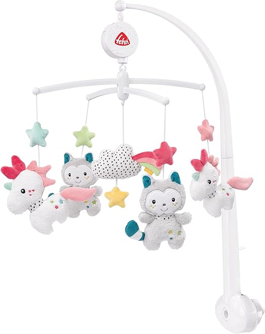 Fehn 057027 Musikuro Aiko & Yuki – uro med blid melodi "Mozarts vuggevise" og bløde figurer – med ophæng – til babyer fra 0-5 måneder – størrelse: diameter 40 cm, højde 65 cm