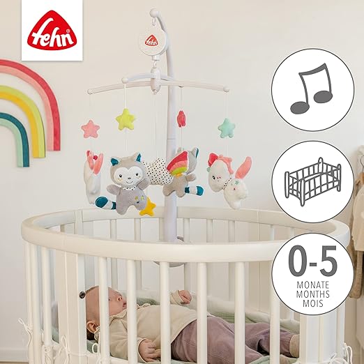 Fehn 057027 Musikuro Aiko & Yuki – uro med blid melodi "Mozarts vuggevise" og bløde figurer – med ophæng – til babyer fra 0-5 måneder – størrelse: diameter 40 cm, højde 65 cm