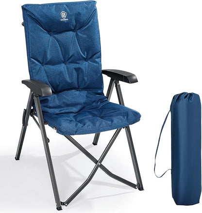 EVER ADVANCED luksus campingstole til voksne – kraftig, høj ryg, ekstra stor sammenklappelig havestol – behagelig 6 cm polstring – belastning op til 150 kg – cam-justerbare spisebordsstole – 4-positions liggestol – blå