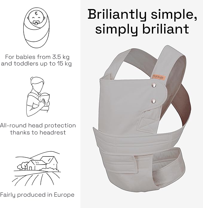 Marsupi Breeze – Bæresele til Nyfødte – Til Babyer og Småbørn op til 15 kg – Let og Åndbar Bæresele – Krog-og-løkke Lukning, Stabilt og Nem Lukningssystem, Lysegrå S/M
