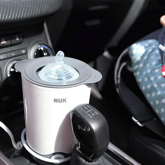 NUK Thermo Express Plus Flaskevarmer, bærbar, skånsom opvarmning af væske og moset mad på 90 sekunder, automatisk slukning, aftagelig kurv, EU-stik og 12 V rejseadapter
