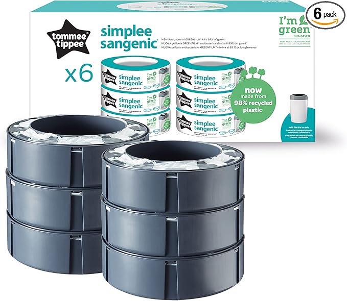 Tommee Tippee Simplee Sangenic Genopfyldningskassetter, Pakke med 6, Kun Egnet til Simplee Sangenic Ble-Spande, Lugtdæmpning og Bakteriebeskyttelse, 100 % Genanvendt Kasse