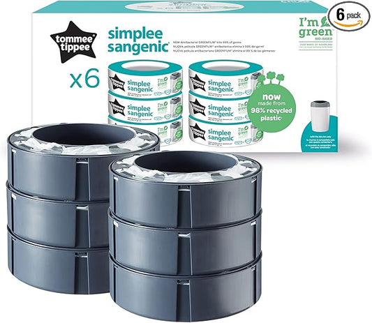 Tommee Tippee Simplee Sangenic Genopfyldningskassetter, Pakke med 6, Kun Egnet til Simplee Sangenic Ble-Spande, Lugtdæmpning og Bakteriebeskyttelse, 100 % Genanvendt Kasse