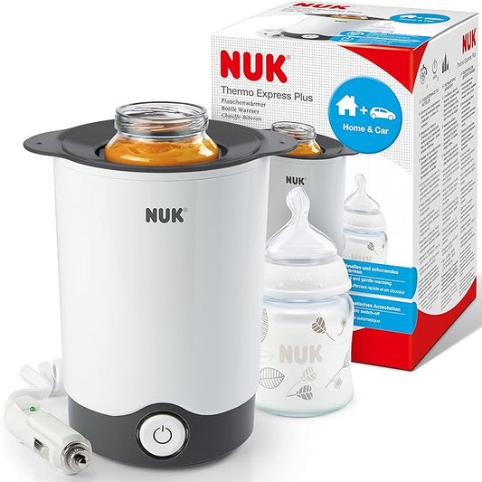 NUK Thermo Express Plus Flaskevarmer, bærbar, skånsom opvarmning af væske og moset mad på 90 sekunder, automatisk slukning, aftagelig kurv, EU-stik og 12 V rejseadapter